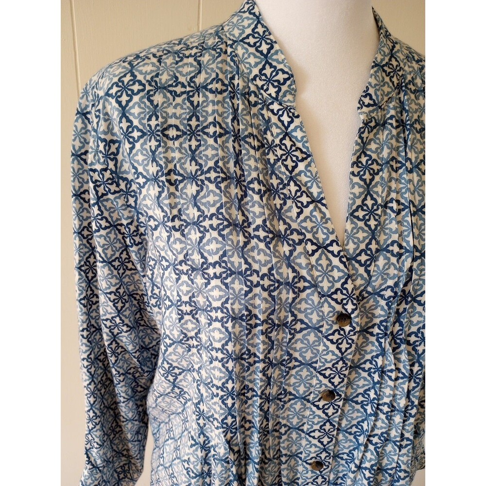 Rock Flower Paper Button Front Pintuck Shirt Blue White Floral Geometric Medium - Picture 2 of 6